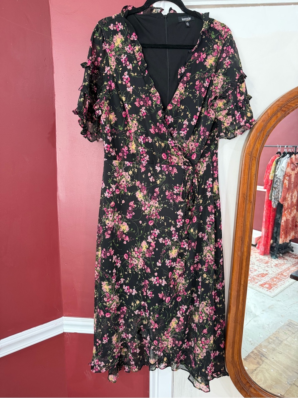 Kensie Black Pink & Green Floral Fit and Flare Dress with Front Slit